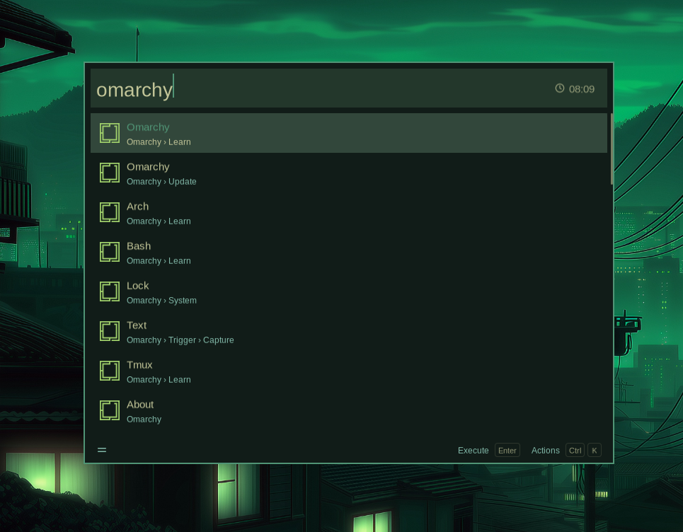 Wox 搜索结果中的 Omarchy 菜单命令
