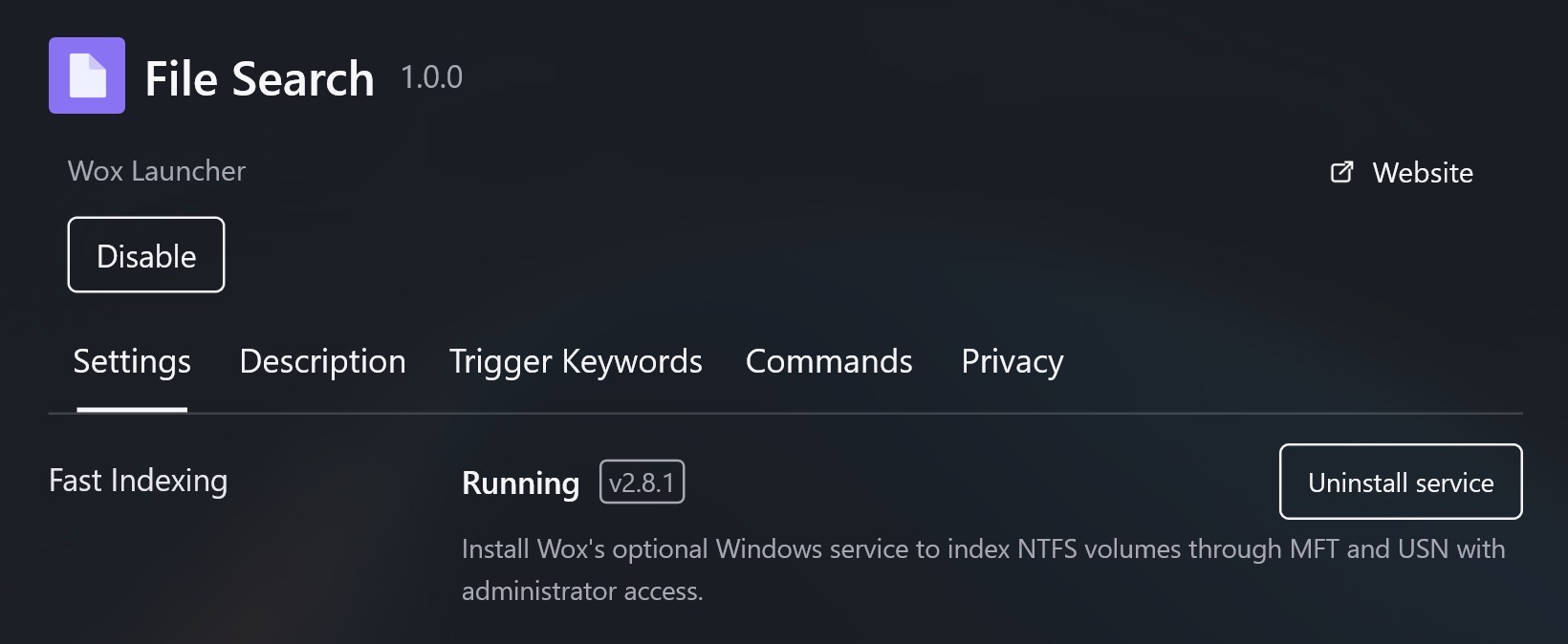 Fast Indexing in File Search settings
