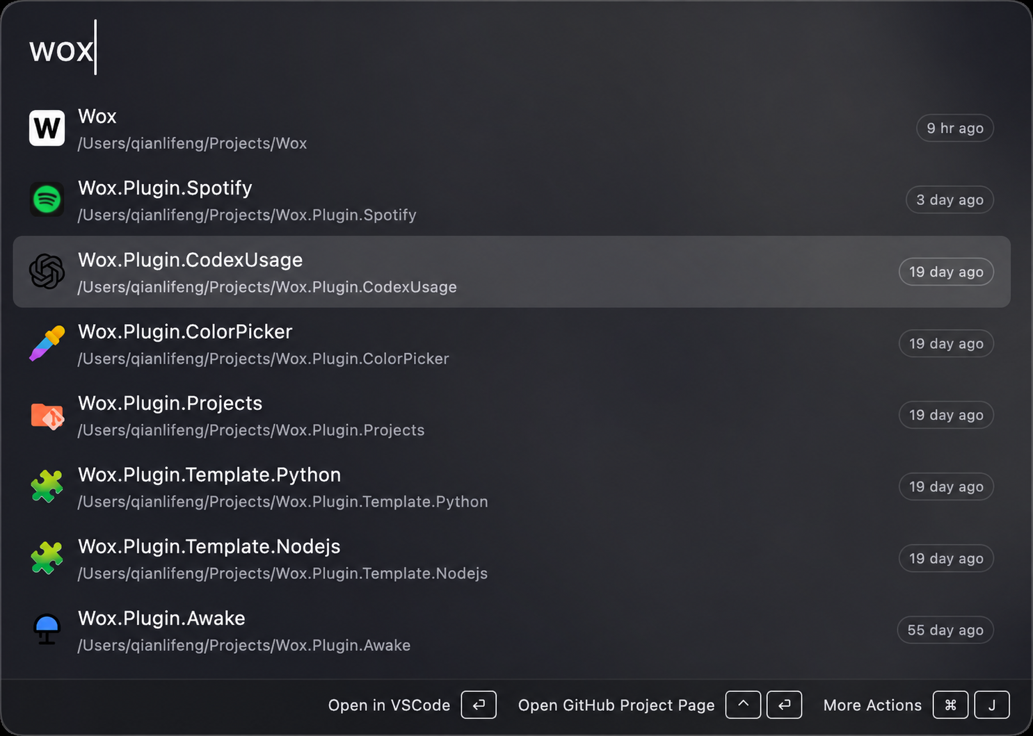Wox in its dark glass theme, showing project search and keyboard actions