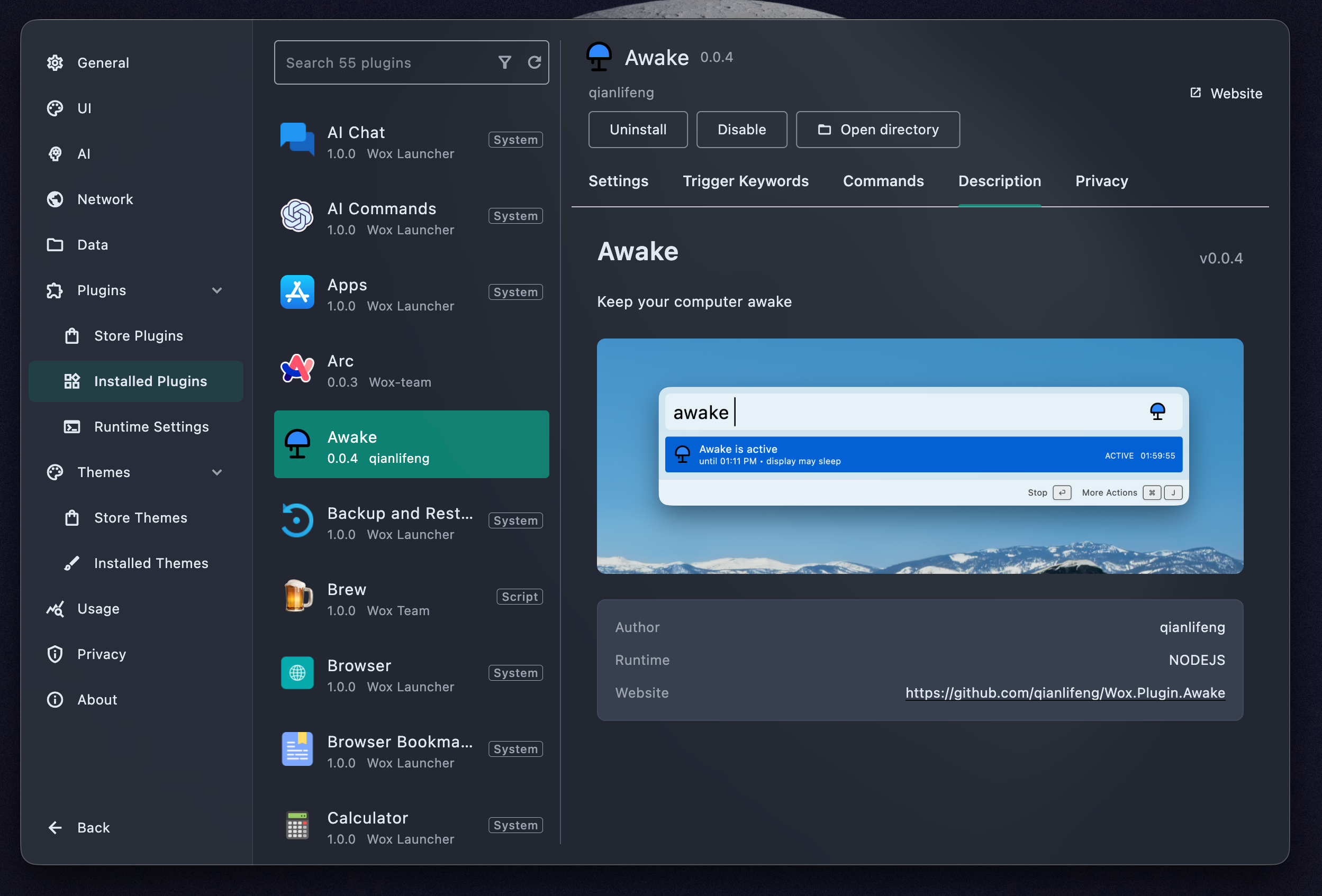 Wox plugin settings showing an installed plugin detail page
