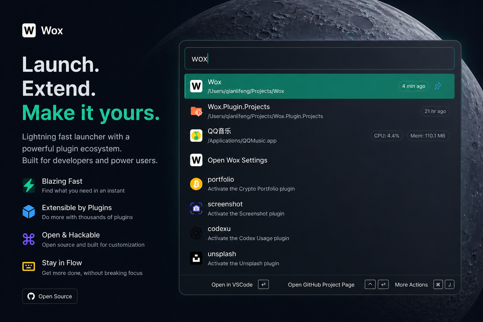 Wox launcher showing project, app, plugin, and action results
