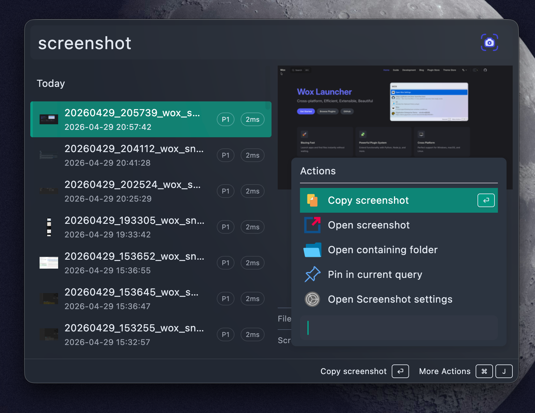 Wox screenshot plugin results with the action panel open