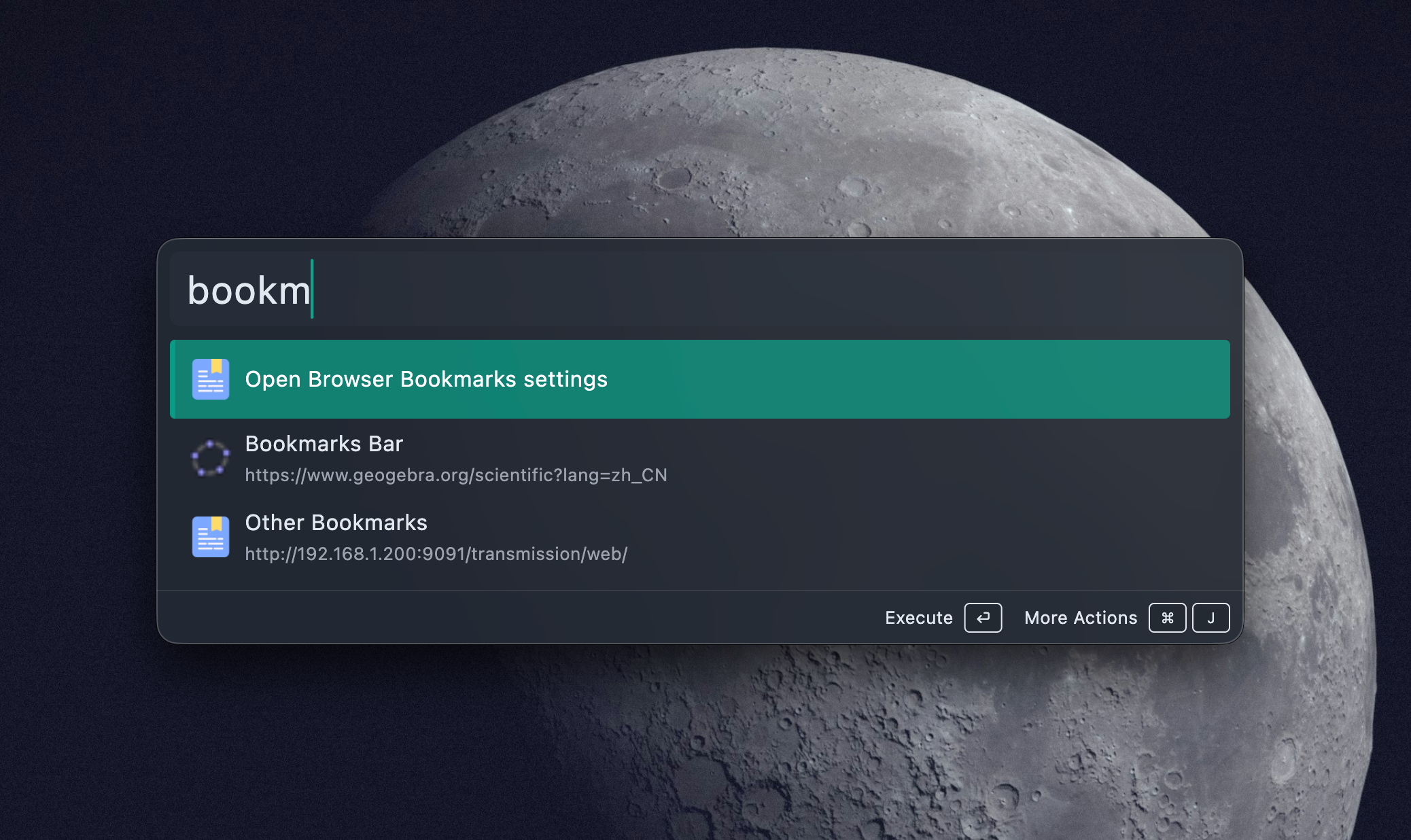 Browser Bookmark plugin result list
