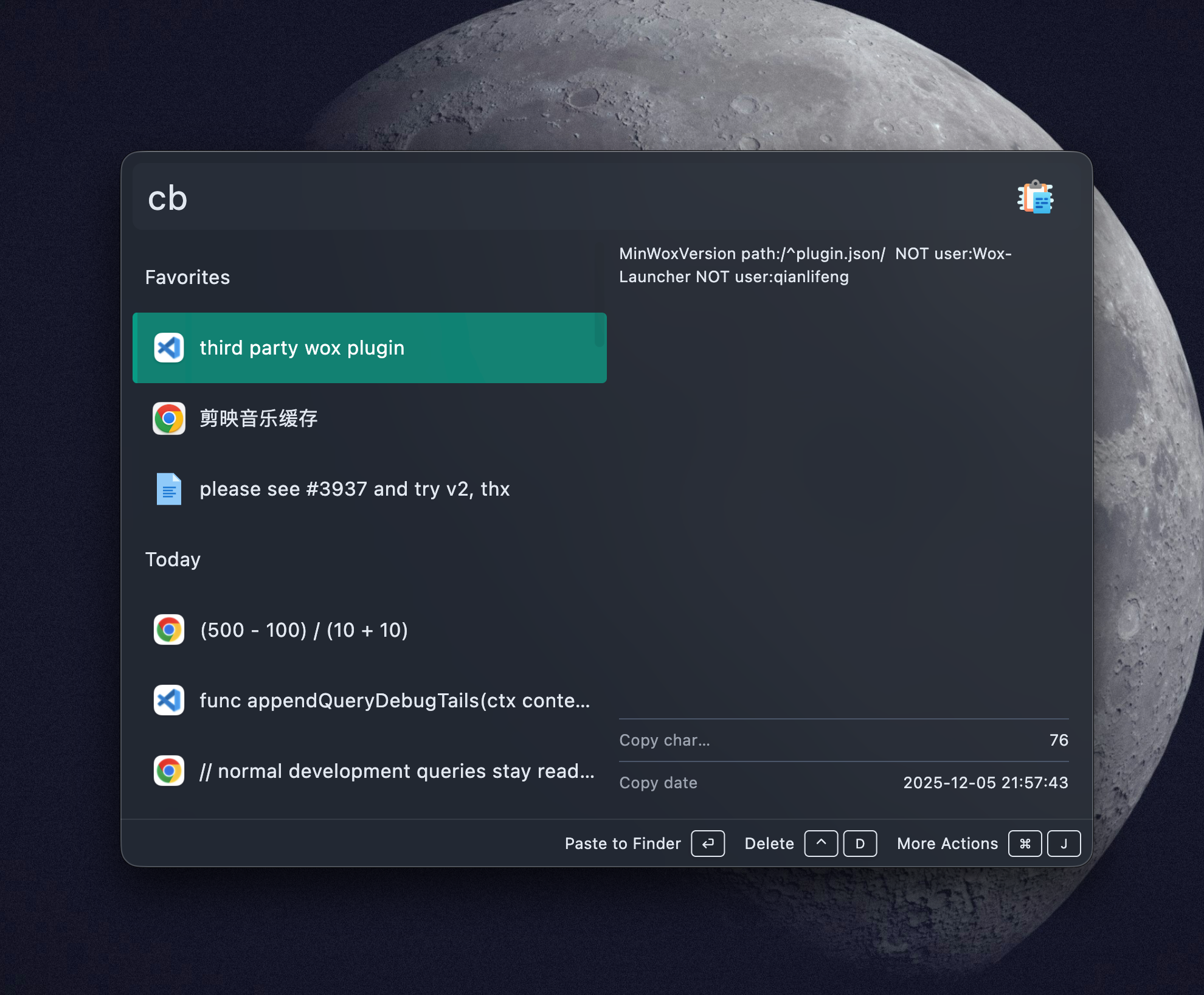 Clipboard plugin history results